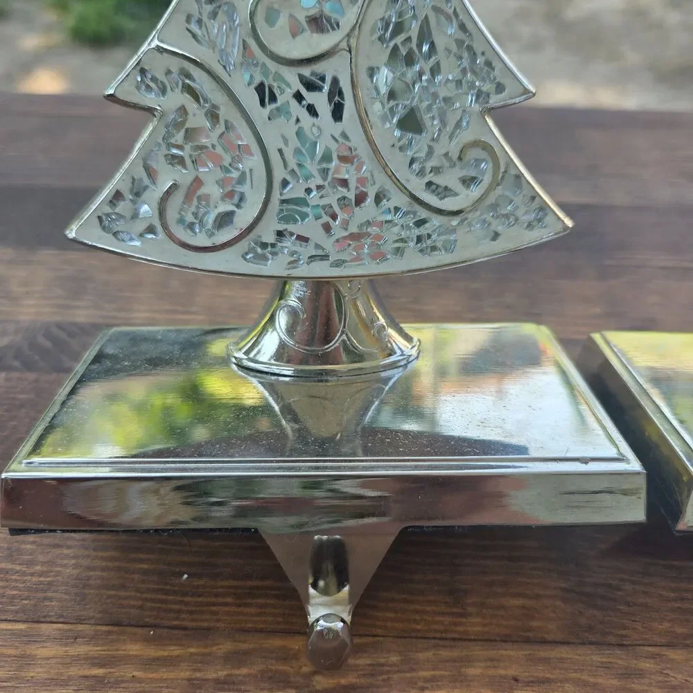 Set of 2 Silver Glass Mosaic Stocking Holders Reindeer Christmas Tree Mantel